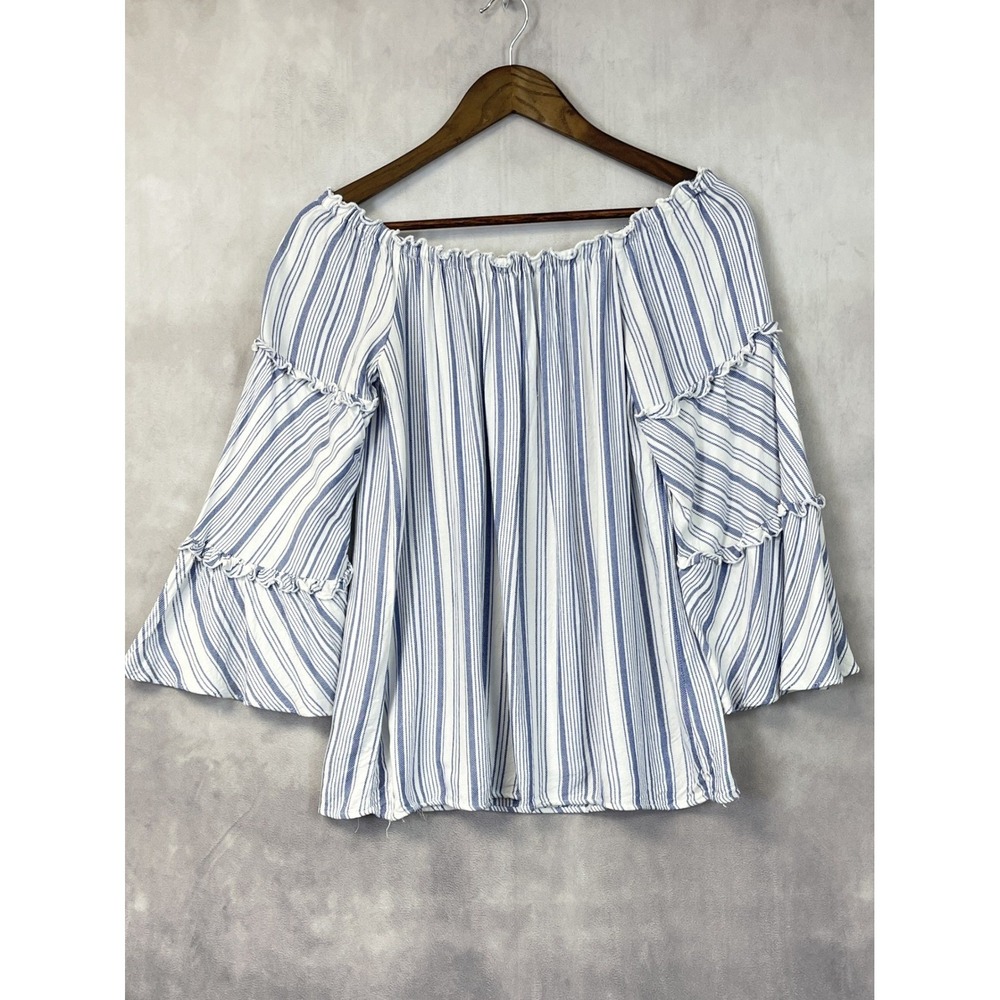 DREW Women Top Blouse Size Medium Off Shoulder Stripe Tiered Bell Sleeve Peasant